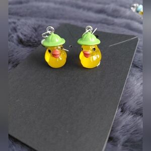 Resin Yellow Duck Earrings with Green Hat